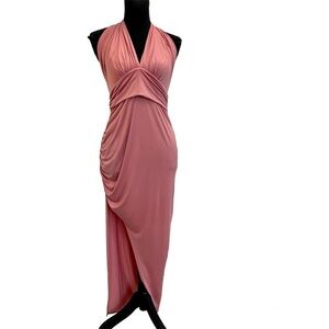 CRISTINA rose pink halter ruched draped side slit sexy maxi dress Sz M